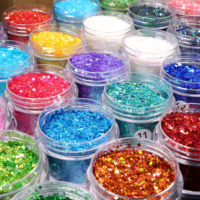 Wholesale 48 Colors Polyester Body Glitters Holographic Iridescent Chunky Glitter Mix 10G Jar for Resin Tumbler Craft DIY Nail