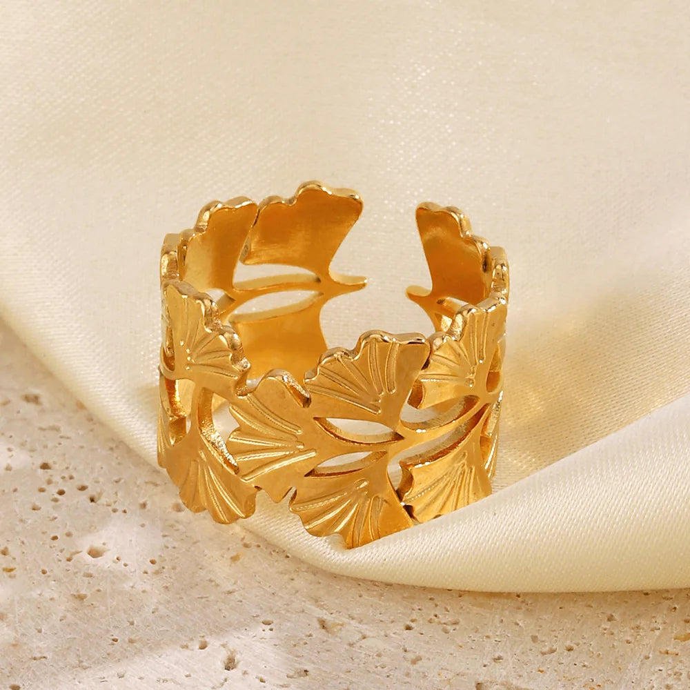 Fashion Jewelry Rings 18K Gold Plated Open Stainless Steel Ginkgo Leaf Ring for Women YRS353