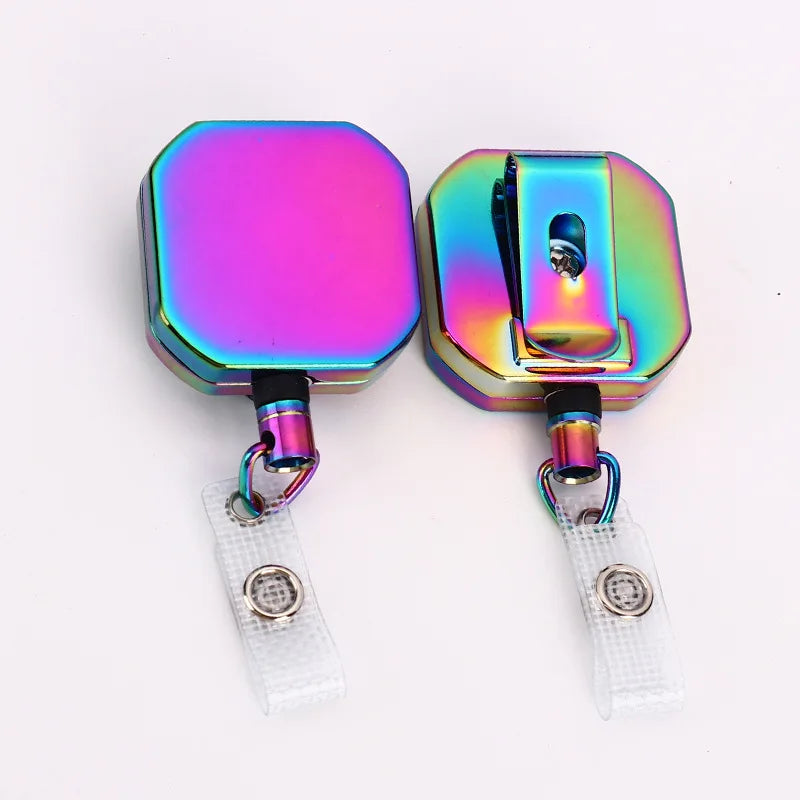 4cm Heavy Duty Tactical ID Reel Pass Key Holder Retract Small Square Rainbow Metal Retractable Keychain Badge Buckle