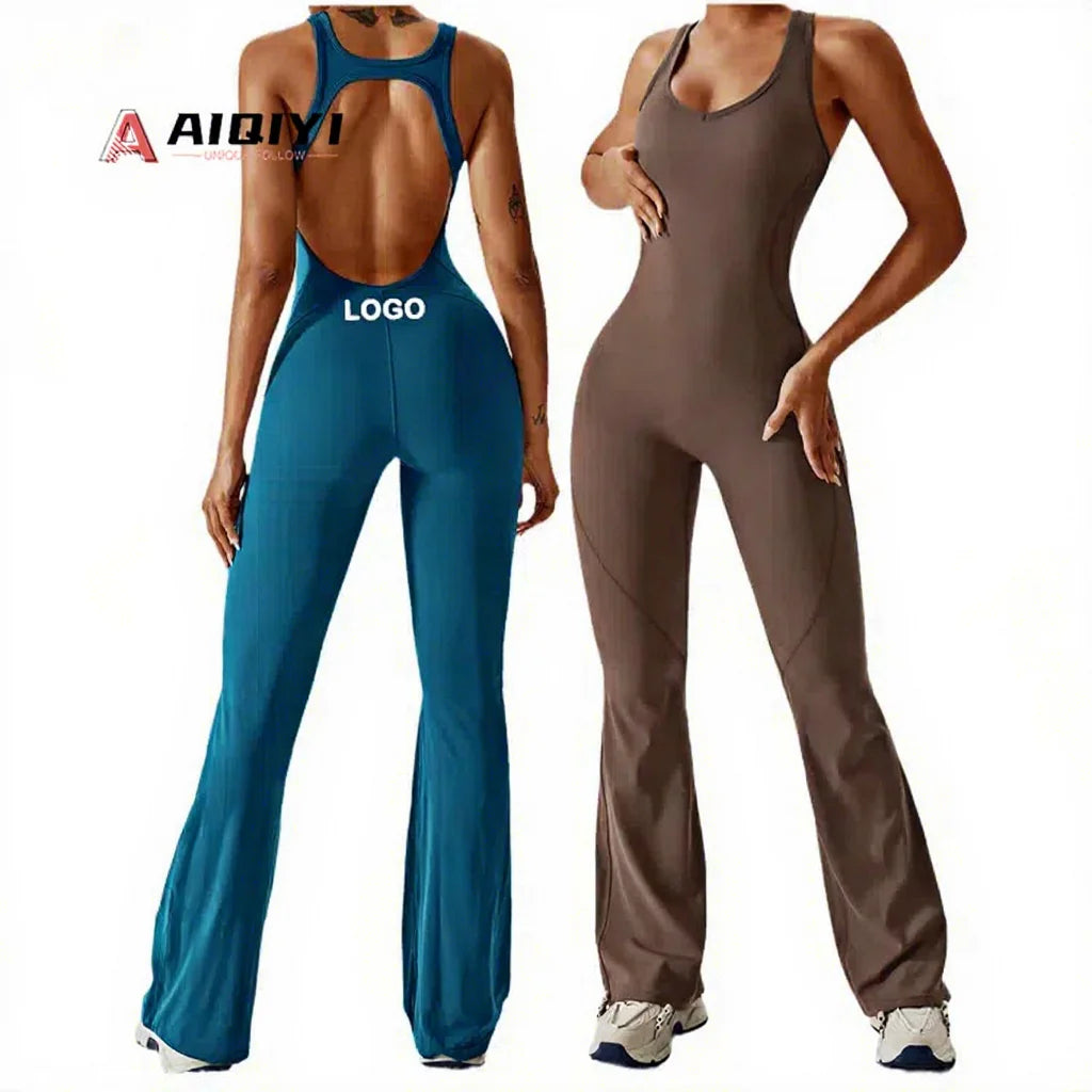 8117 Custom Women's Plus Size Bodysuit Sleeveless Backless Romper With Butt Lifting Flared Legging One Piece Yoga Jumpsuit
