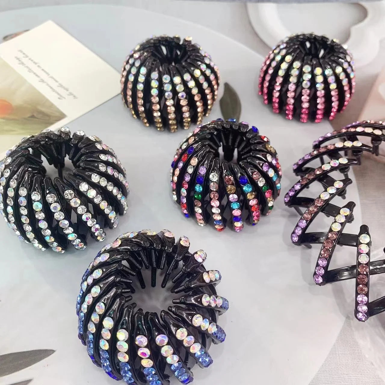Ponytail Holder Jeweled Crystal Rhinestone Hair Clamps Retractable Black Plastic Hair Claw Bird Nest Magic Hair Clip