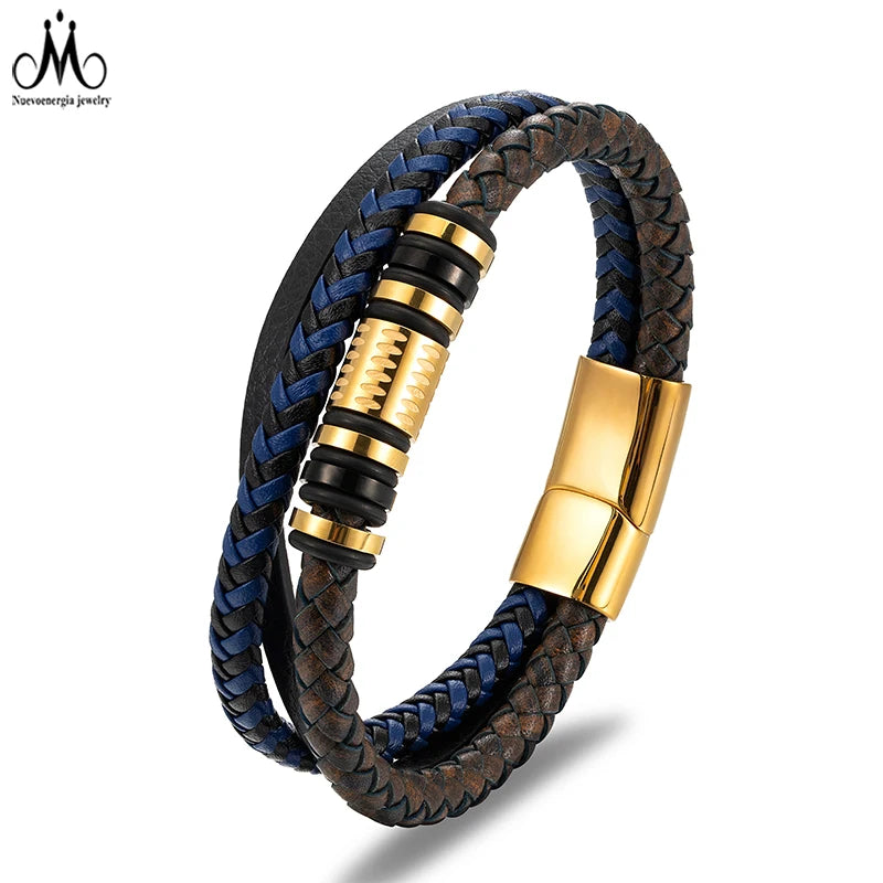 Wholesale Custom Logo Man Leather Bracelet Jewelry Gold PVD Stainless Steel Leather Bracelet for Man