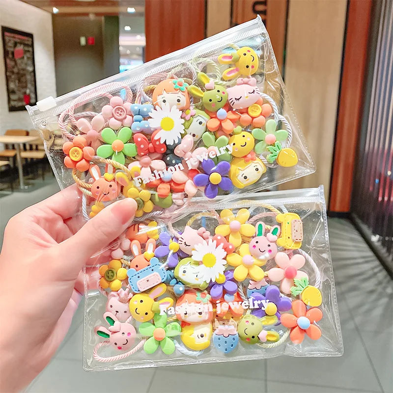 MIO 10pcs/sets Cute Cartoon Rabbit Hair Band Colorful Flower Elastic Rubber Band Girls Sweet Hair Accessories Kids Bow Hair Ties