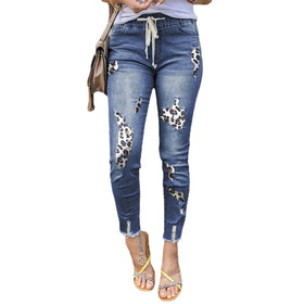 2024 Elastic Drawstring Waist Skinny Jeans Breathable Stretchy Ripped Leopard Patchwork Pantalon for Mujer/Femme