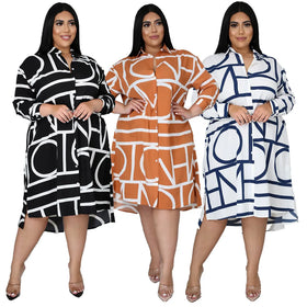 European American Women's Casual Dresses Plus Size Elegant Burst Printed Pleated Waist Trendy Clothes-Eco-Friendly Washable