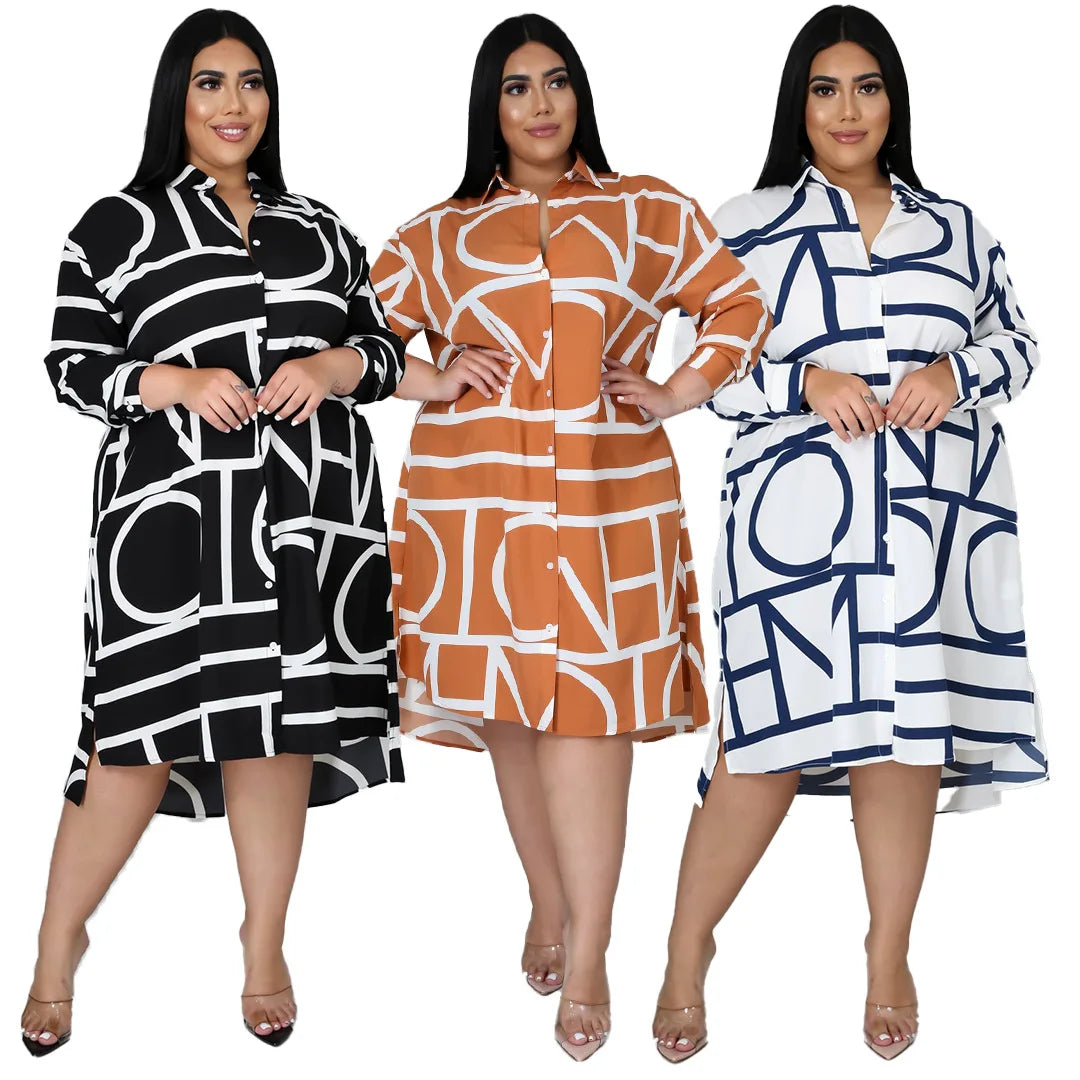 European American Women's Casual Dresses Plus Size Elegant Burst Printed Pleated Waist Trendy Clothes-Eco-Friendly Washable