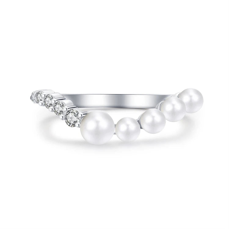 New Trendy Pearl Jewelry 925 Sterling Silver CZ Diamond V Shape Pearl Ring For Women Girls