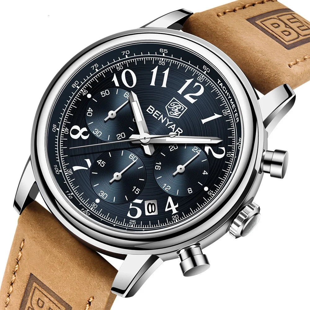 BENYAR 5190 Men Watch Chronograph Date Waterproof Sport Genuine Leather Male Wristwatch Top New Luxury Gift Man Clock Gift