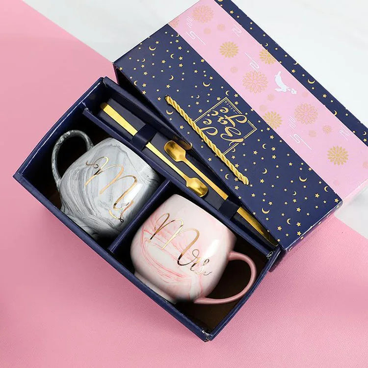 Wholesale Marbled Ceramic Couple Cup Ceramic Mug Gift Box Set With Spoon