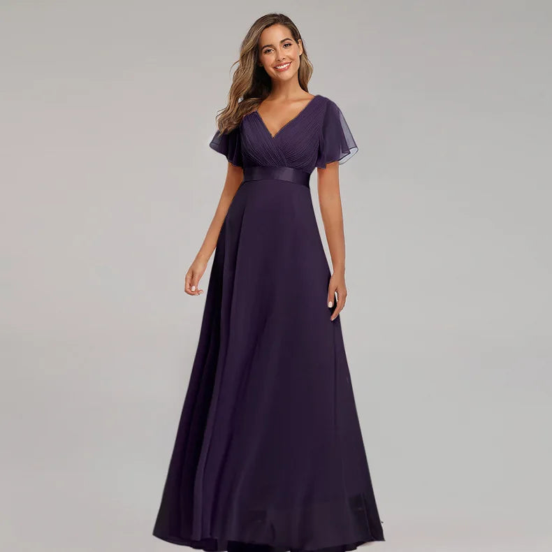 Wedding Party Simple Design Glitter Ribbon Waist Decoration Solid Color Evening Dress Chiffon Elegant Dress for Women