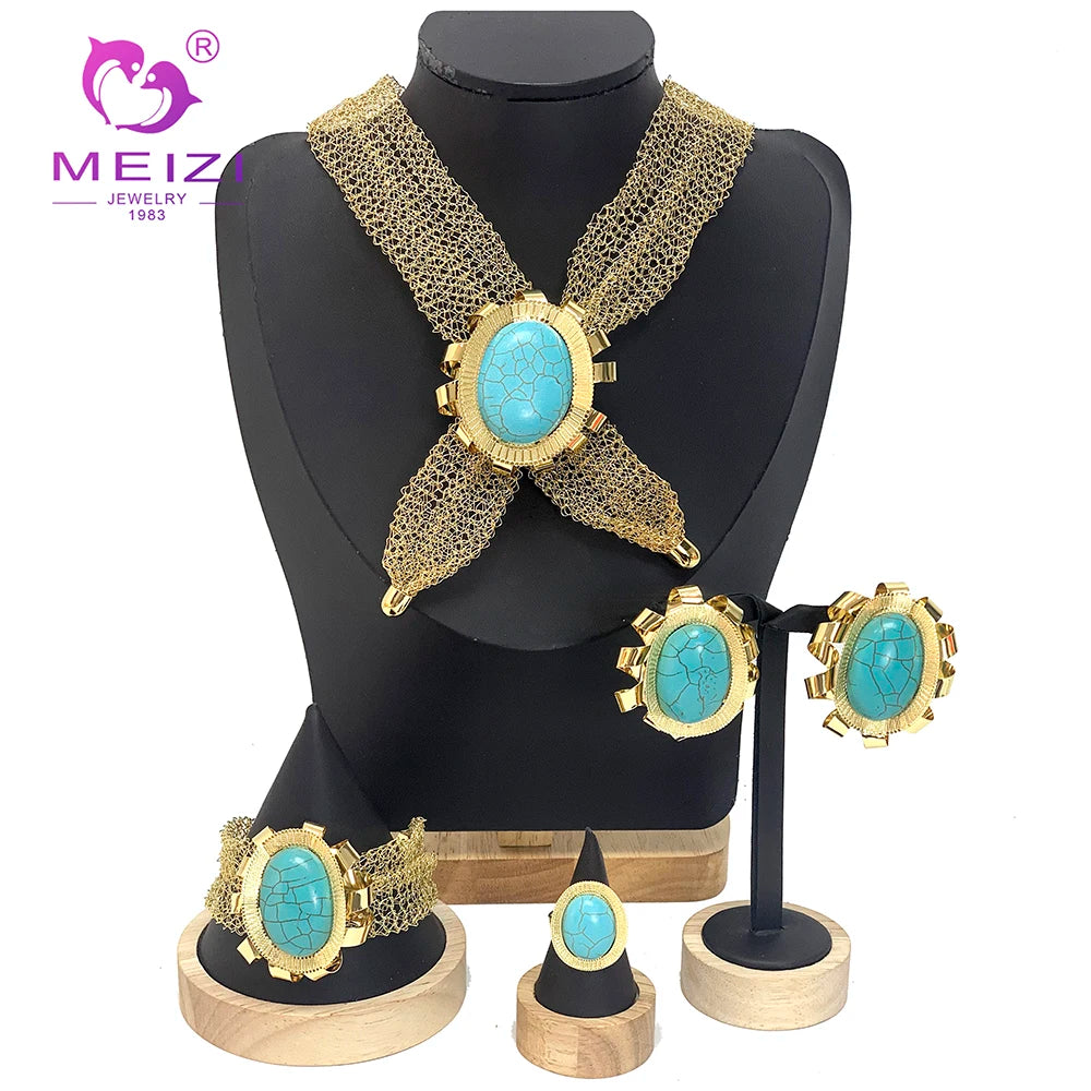 MEIZI Jewelry Fashion Dubai Gold Plated Exaggerated Necklace Bracelet Ring Earrings Ladies Wedding Jewelry Sets