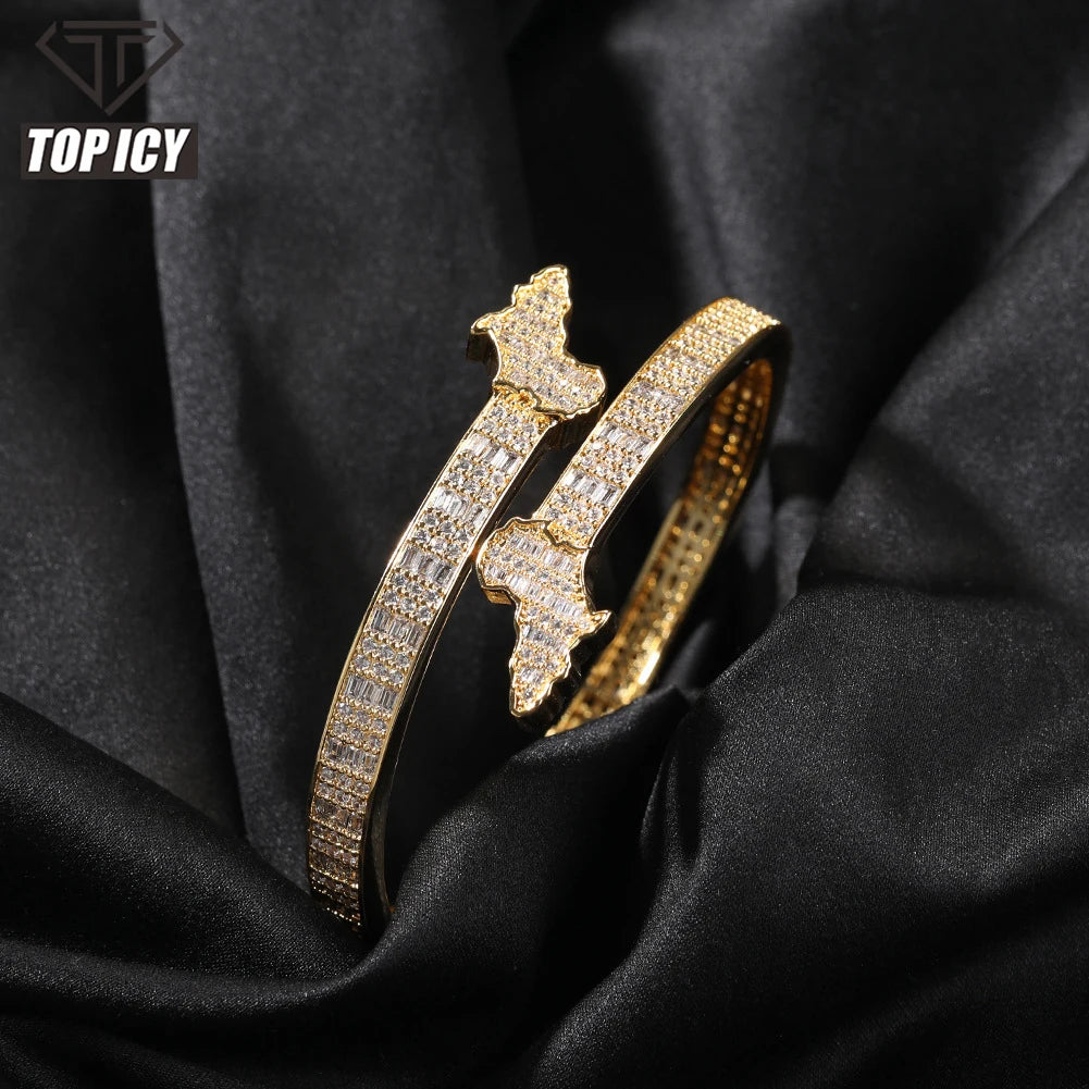 TOP ICY 5A CZ Map Bangle Hip Hop Iced Out 18k Gold Rhodium Plated Luxury Africa Bracelet Jewelry
