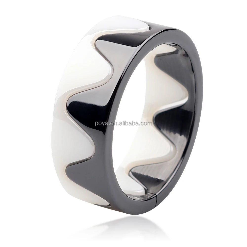 POYA Jewelry 8mm Men's Women's Black and White Wave Pattern New Design Ceramic Ring