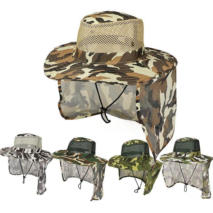 Outdoor Wide Brim Unisex Breathable Mesh Camouflage Fishing Sun Hat with Neck Cover Casual Cycling