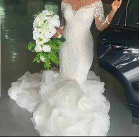 2024 New Luxury Ruffles Mermaid Wedding Dresses Bridal Gowns Long Sleeve Beaded Lace Gorgeous Africa Marriage Wedding Dress