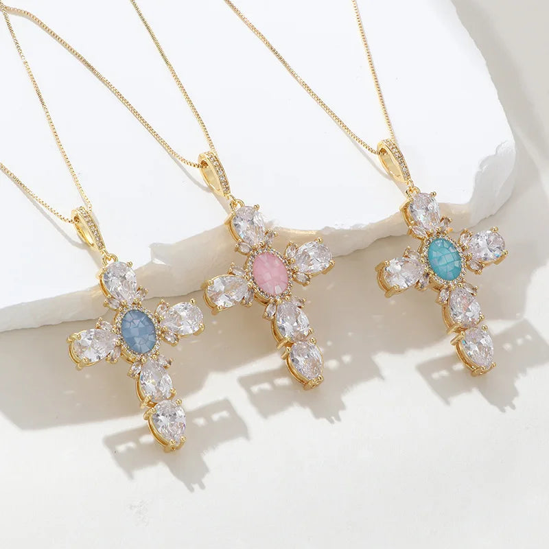 Hot Sale Fashion Sweet Oval Shell Color Zircon Necklace Shiny Cross Necklace for Women