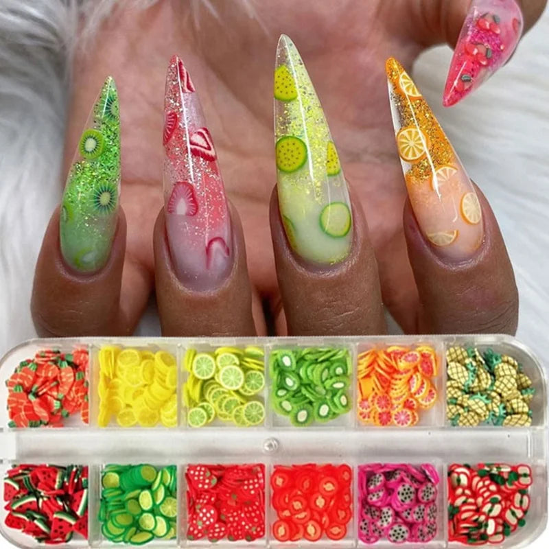 12 Slot Box Nails Art Fruit Mixed 3D Fruit Slices Sticker Polymer Clay DIY Designs Slice Watermelon Lemon Fruits Christmas Nails