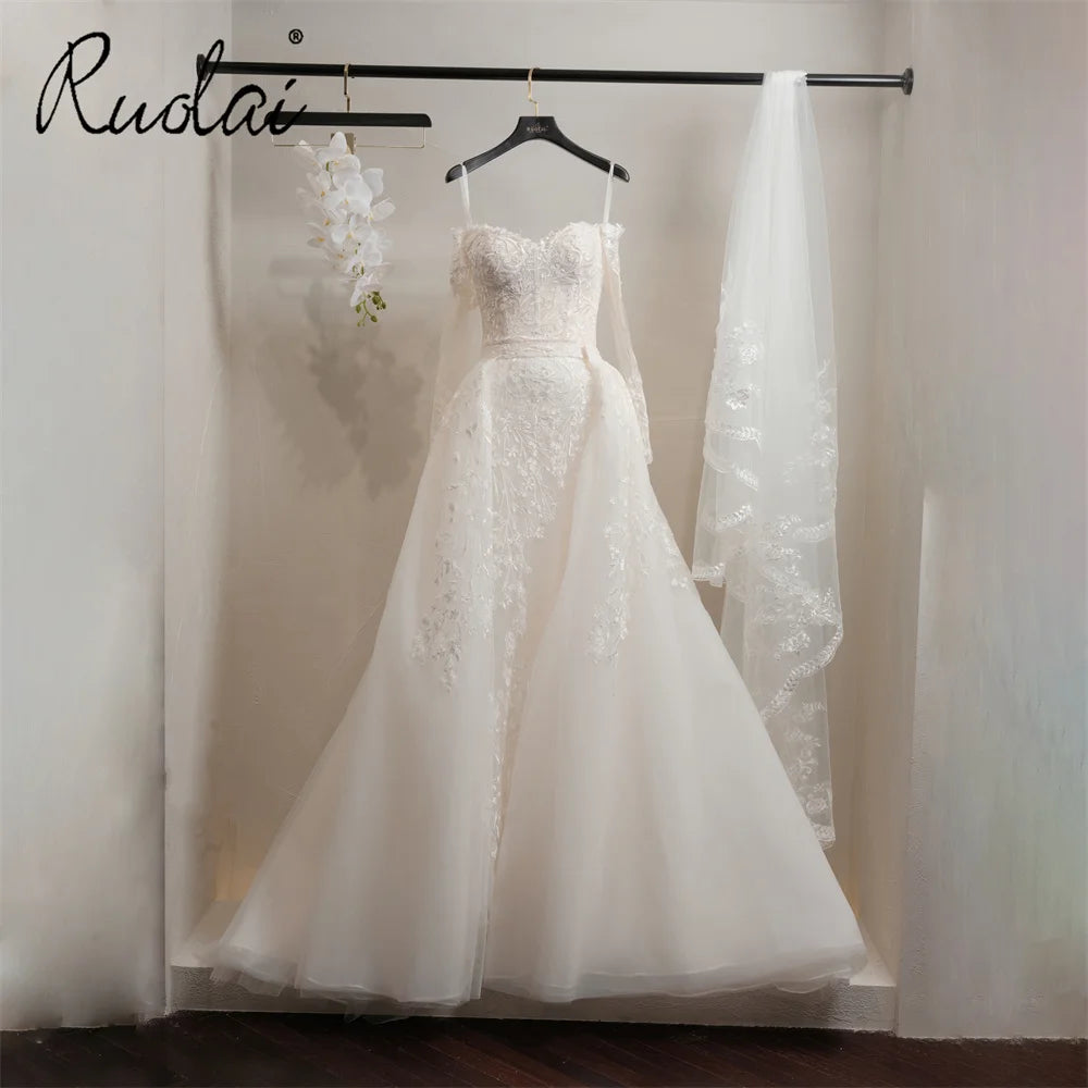 Ruolai QW02058 Off Shoulder Long Sleeves Detachable Train Lace Elegant Wedding Dresses for Brides