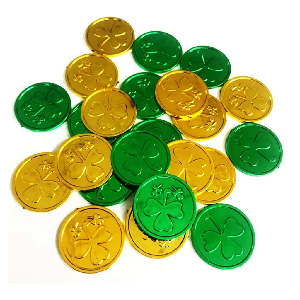 Top Selling Wholesale Custom Antique Plastic Saint Patrick's Clover Green Gold Silver Coins 100pcs Party Promotional Toys High