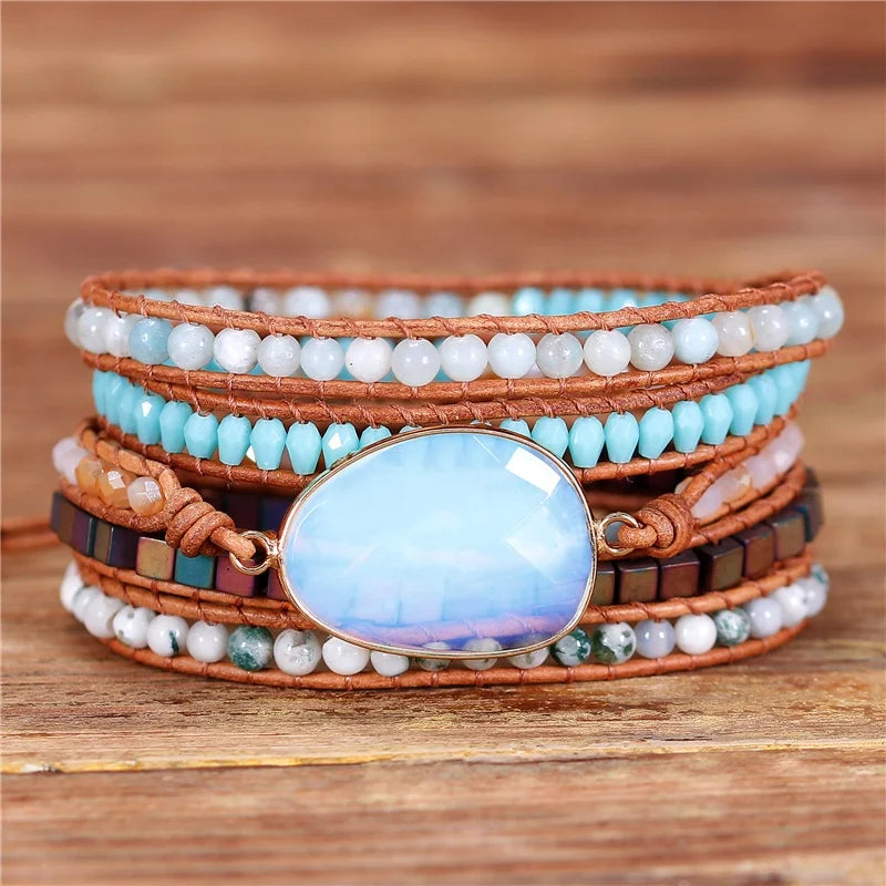 YueTong Opal Charm Leather Wrap Bracelet Gemstones Beads Bracelet Yoga 5 Wraps Bracelet Natural Stone Jewelry Gift Wholesale