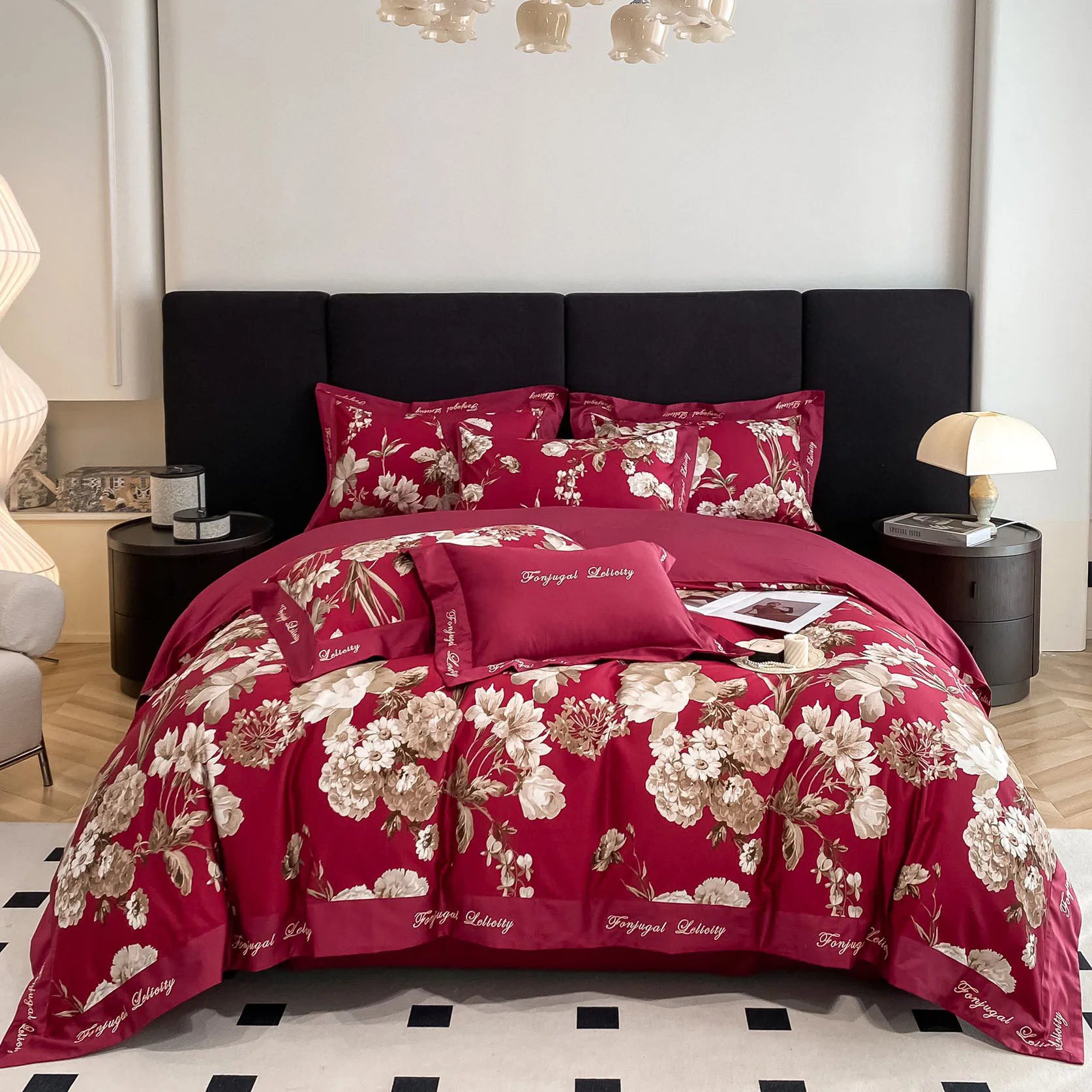 ODM/OEM Luxury Digital Printing Flower Pure Color Bed Sheet king Size 100% Cotton Red 4 Pcs Bedding Set