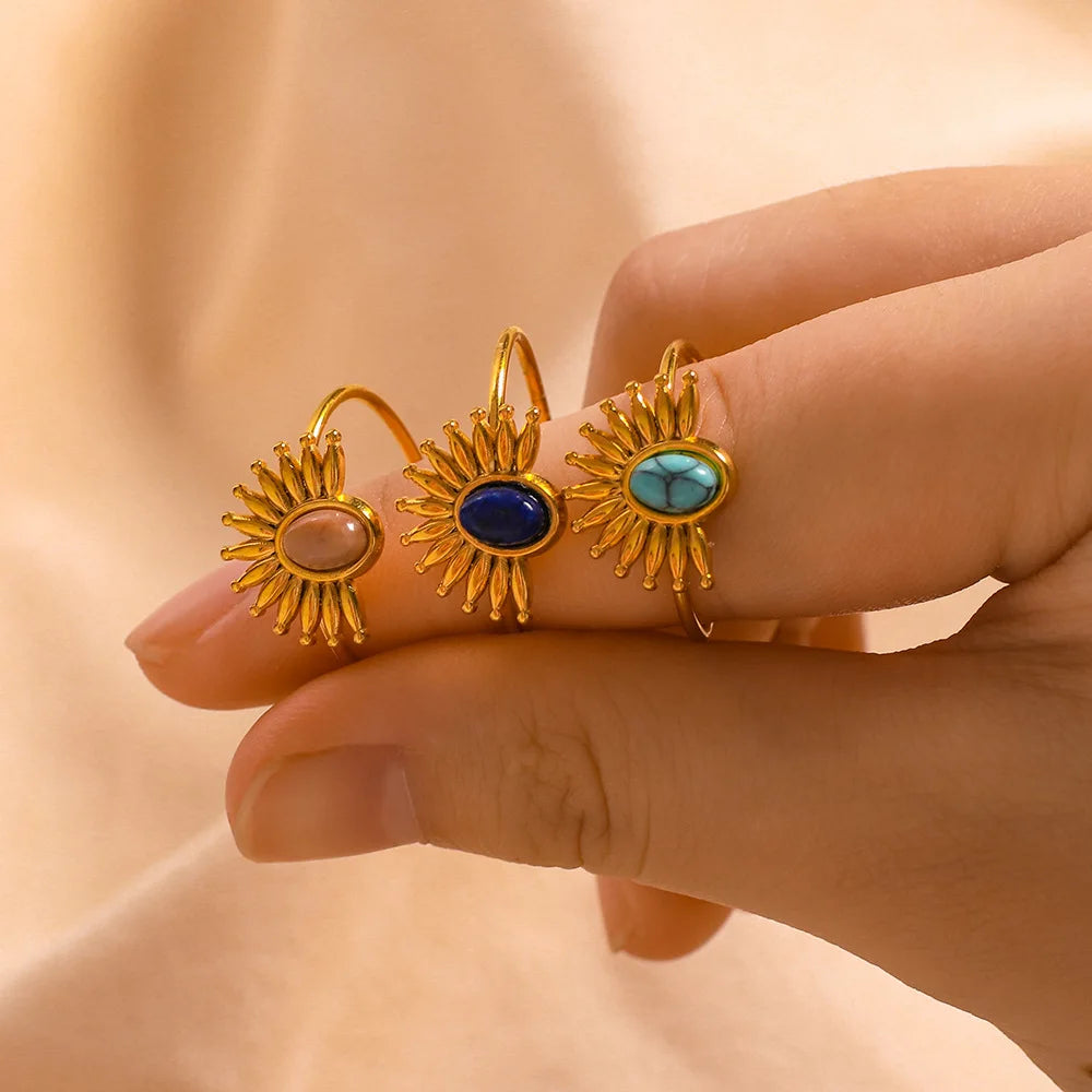 Wholesale Bulk Stainless Steel 18K Gold Plated Waterproof Adjustable Vintage Natural Gemstone  Rings