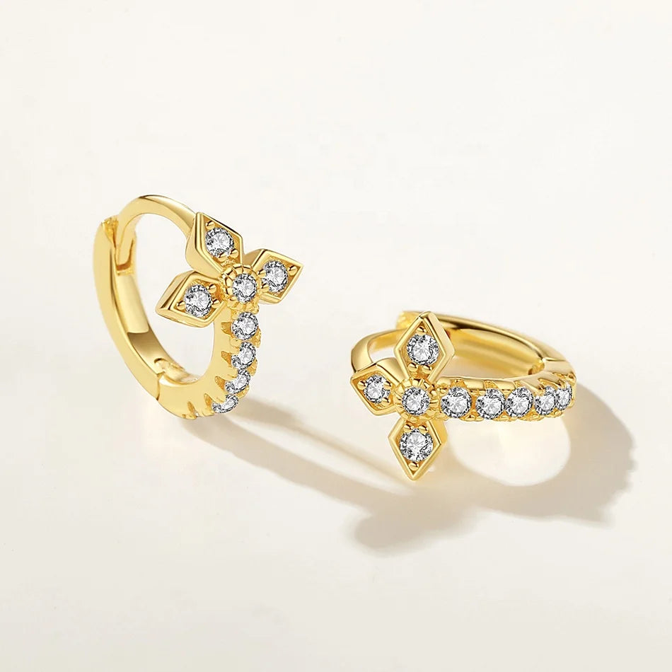 Nagosa Latest Women Jewelry 925 Sterling Silver 18k Gold Vermeil Cubic Zirconia Cross Huggie Hoop Earrings