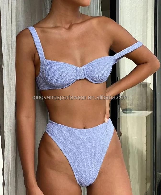 2022 Europe and America Big Breast Sexy Girls Bikini Ribbed Fabric Custom String Sling Solid Beachwear Active Two Piece Swimwear