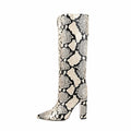 Latest Western Women's Snake Print High Heel Arch Support Slouch Boots Pointed Toe Slip-On Winter Knee-High Boots
