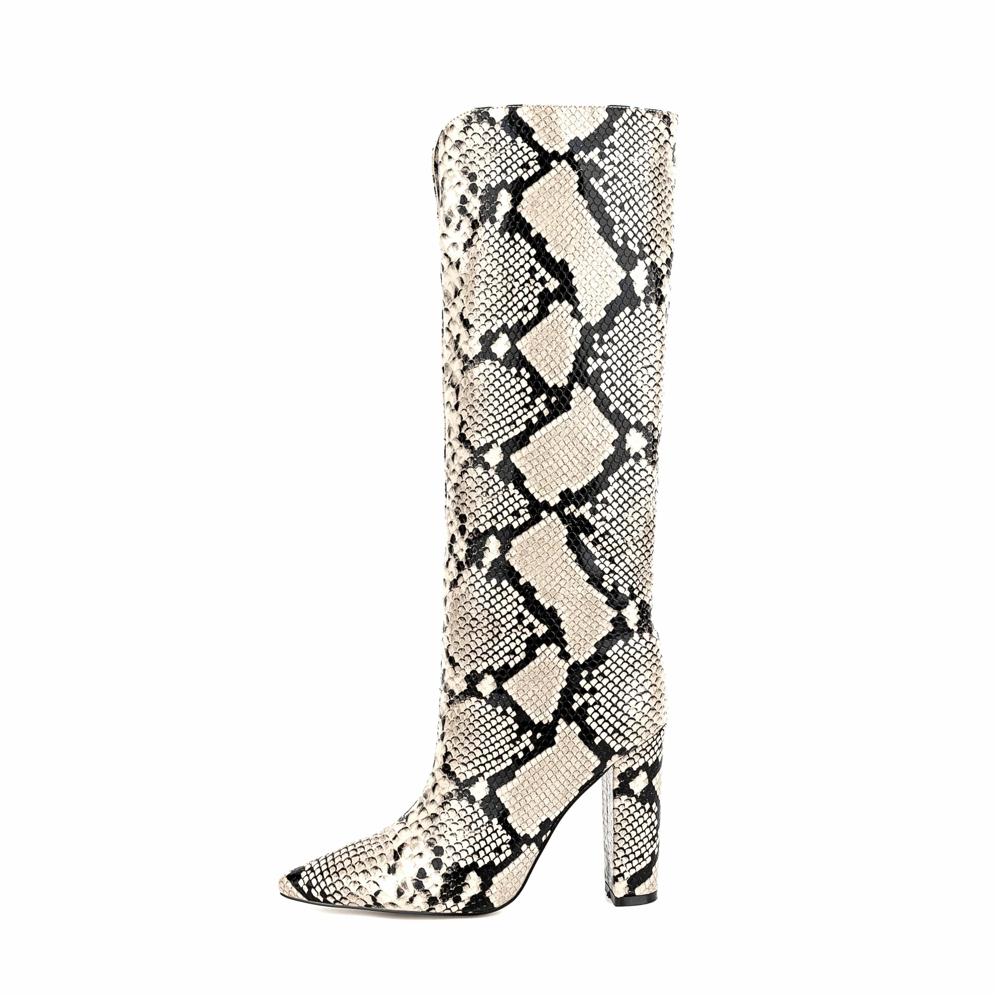 Latest Western Women's Snake Print High Heel Arch Support Slouch Boots Pointed Toe Slip-On Winter Knee-High Boots