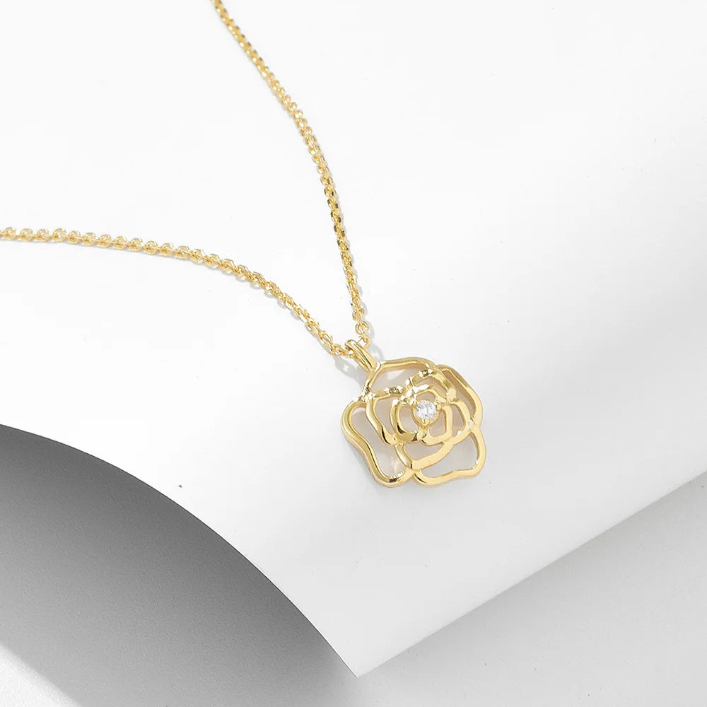 Fashion Women Jewelry 925 Sterling Silver Flower Rose Zircon Pendant Necklace Gold Plated Stud Earring Ring Jewelry Set