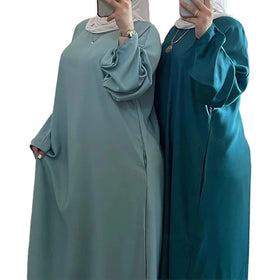 Abaya Close Cuff Maxi Dress Islamic Clothing Turkey Muslim Plain Belt Dubai Modest Satin Abayas With Pocket L0072