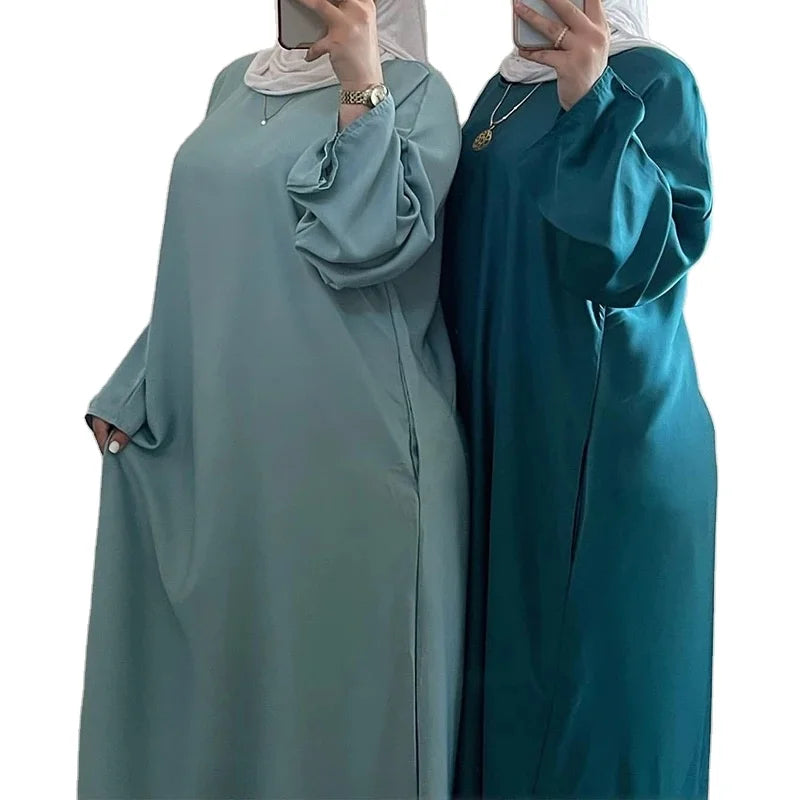 Abaya Close Cuff Maxi Dress Islamic Clothing Turkey Muslim Plain Belt Dubai Modest Satin Abayas With Pocket L0072