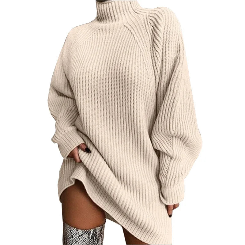 2021 Winter New Fashion Women Plus Size TurtleNeck Solid Knitted Long Sleeve Sweater Dress