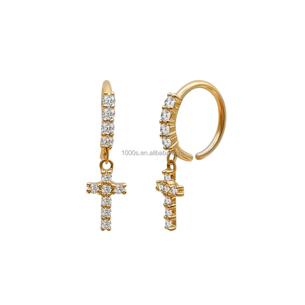 New Design Wholesale 14K Yellow Gold with Zircon Nose Ring Earrings Cross Charm Piercing Jewelry for Women Girl Customized