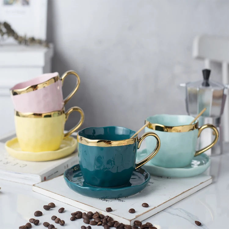 Nordic Light Luxury Gold Plated Ceramic Cup and Saucer With Spoon Coffee Cup Gift Set Color Glaze Office Home Drinking Cup