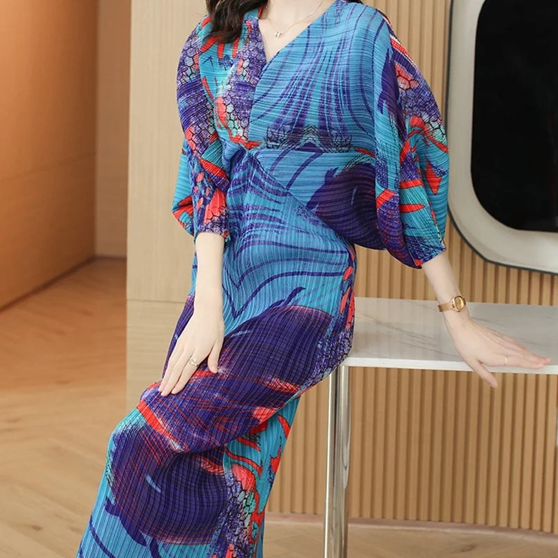 Pleated Solid Short Sleeve V-Neck Eco-Friendly Beading Floor-Length Summer New Plus Size Western Casual Loose Dress