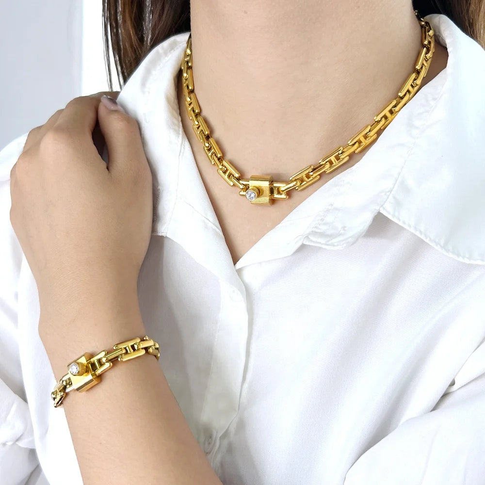 Trendy Polished Stainless Steel Jewelry Set Gold Silver Color Personalized Chain Unique Design Gift