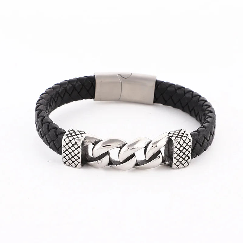 Personalized Magnetic Clasp Bangle Bracelet Stainless Steel Chain Leather Bracelet Braided Leather Bracelet Women