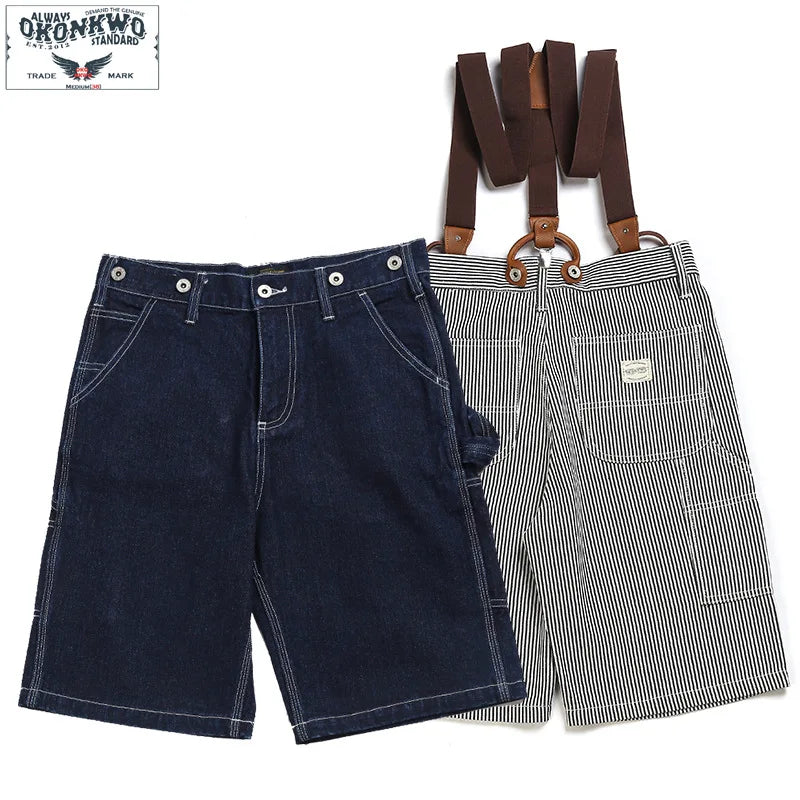 Casual Summer Men's Breathable Denim Shorts X Y TYPE Stripe Patterned Canvas Mid-Length Railway Inspired Streetwear Suspender