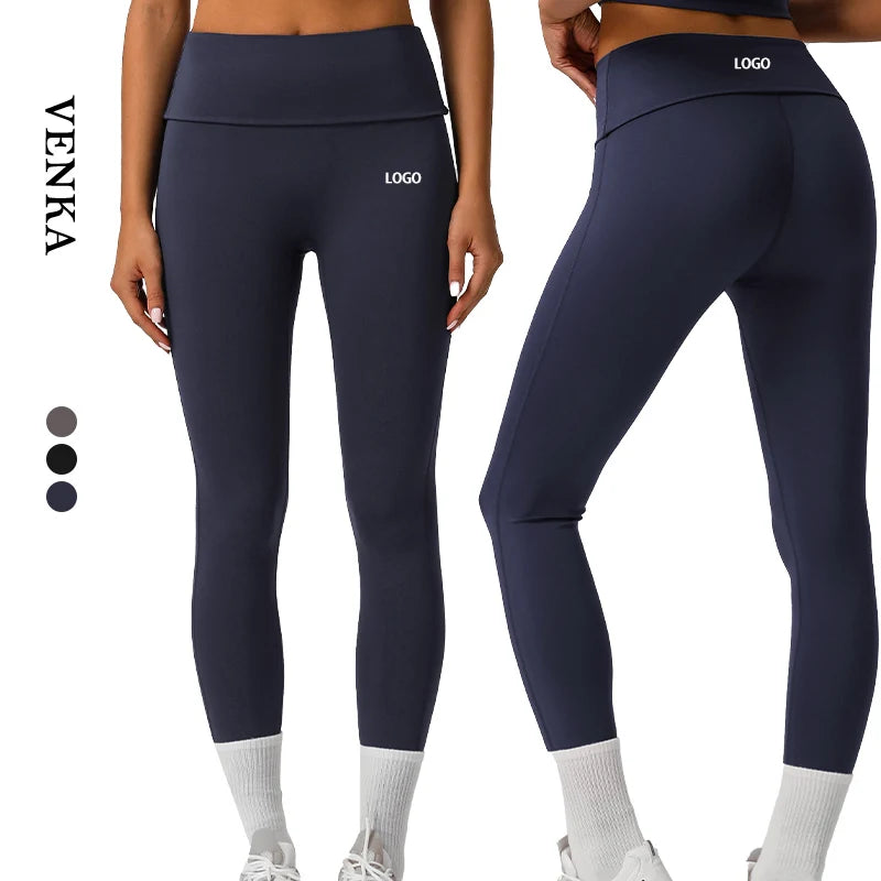 Women's High Waist Gym Fitness Yoga Leggings Custom Logo Fold-able Tummy Control Sports Pants High Elasticity No T-Line Solid