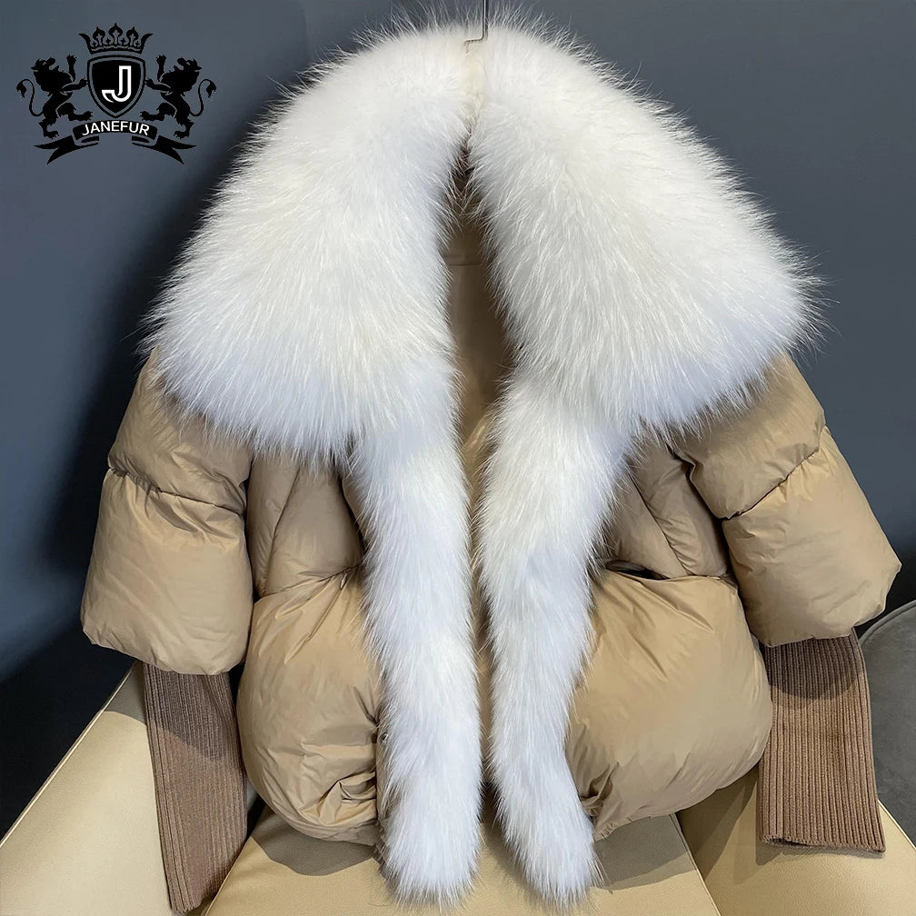 JANEFUR New Fashion Fur Trim Down Jacket Women Winter Goose Down Coat With Fox Fur Collar