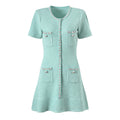Wholesale Custom Embellished Tweed-Style Knit Dress Women's Short Sleeve Ruffle Hem French Chic Mini Dress Crystal Flower Trim
