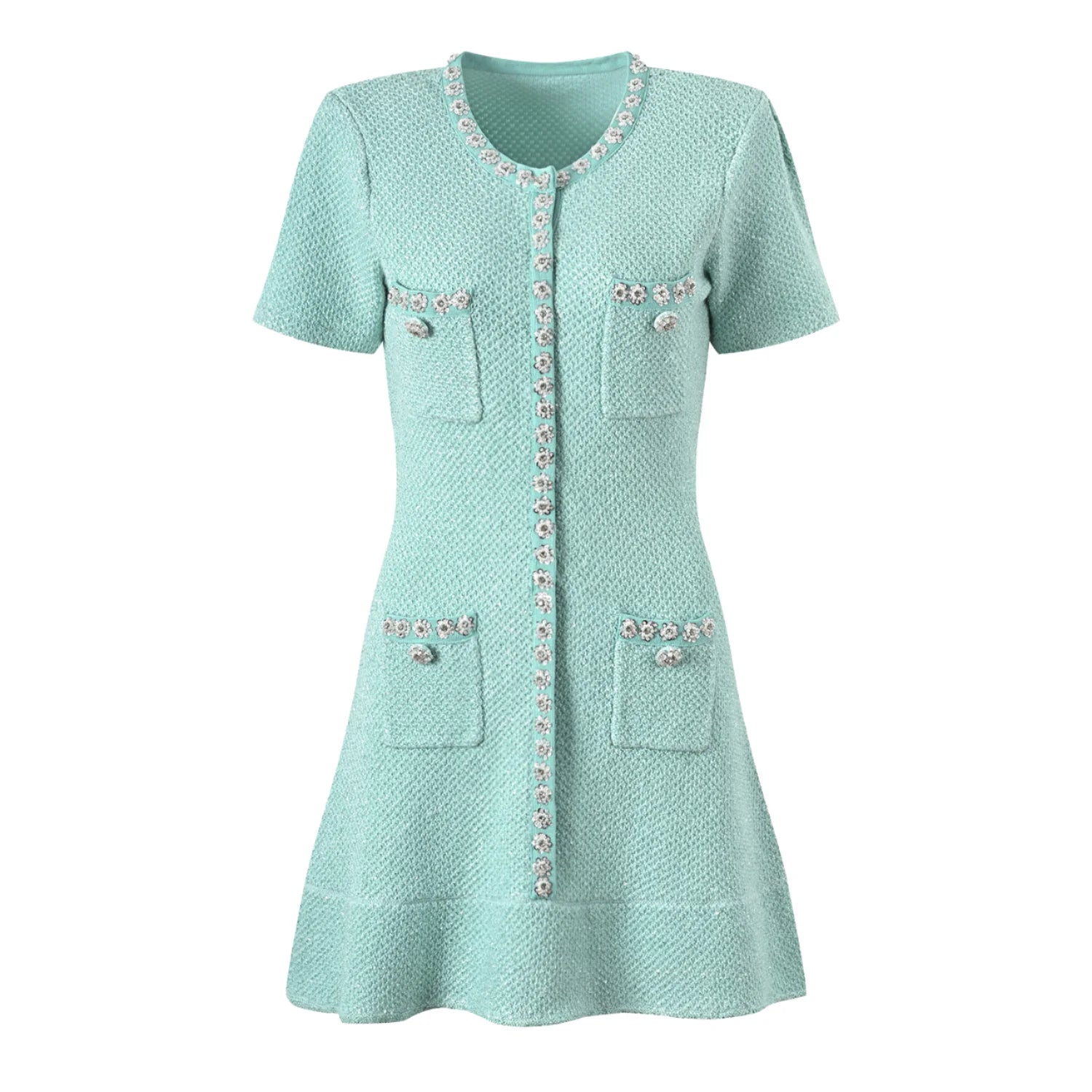 Wholesale Custom Embellished Tweed-Style Knit Dress Women's Short Sleeve Ruffle Hem French Chic Mini Dress Crystal Flower Trim
