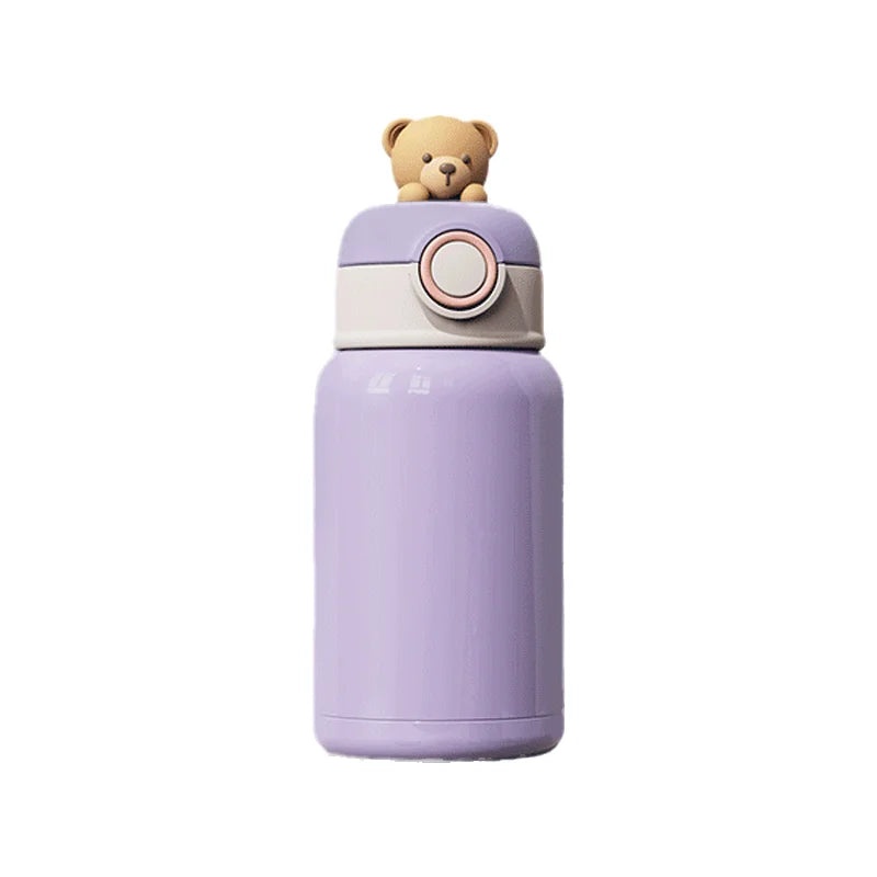 Cute Bear Design Stainless Steel Double Wall Vacuum Insulated Tumbler Leak-Proof School Kids Water Bottle with Straw