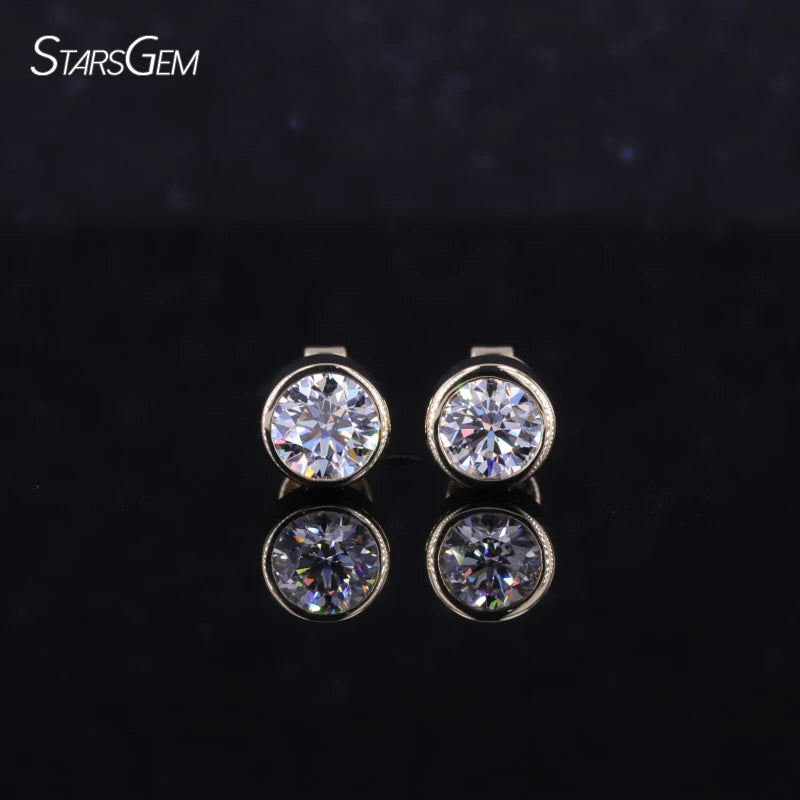 Starsgem Round Shape Bezel Setting Earrings DEF Color VS Clarity Lab Diamond Stud 14k Gold Earrings