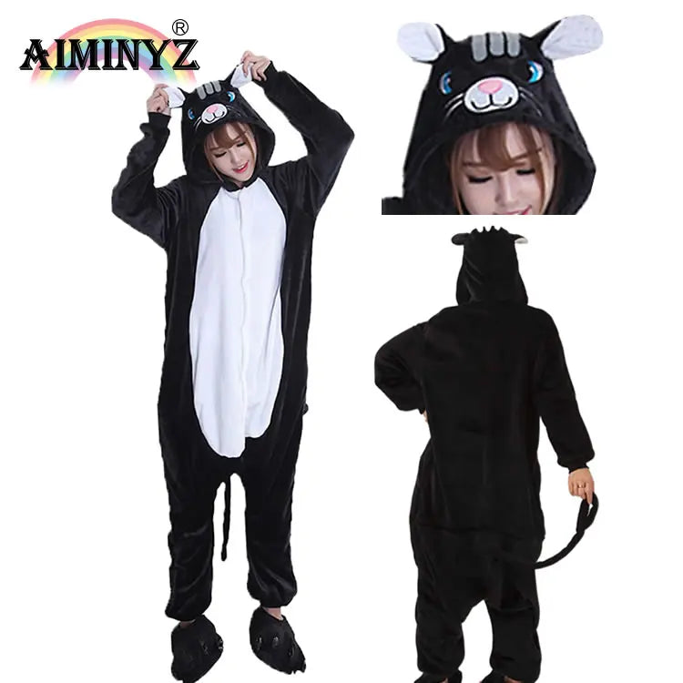 Wholesale 2023 New Plus Size Thermal Flannel Sleepwear Winter Spring Warm Onesie Adult Animal Pajamas Black Cat