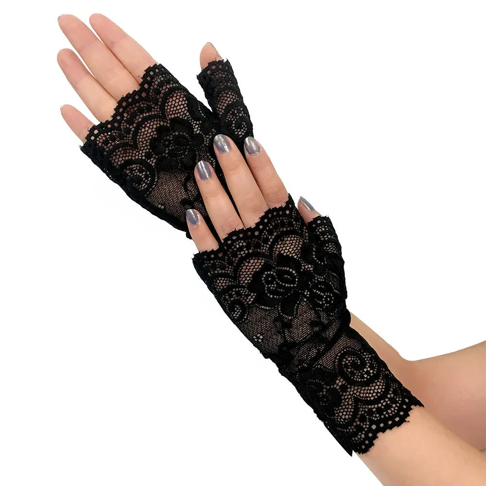 MIO Wholesale Pure Color Half Finger Gloves Women Mesh Lace Floral Short Gloves Fashion Wedding Driving Costume Accessories