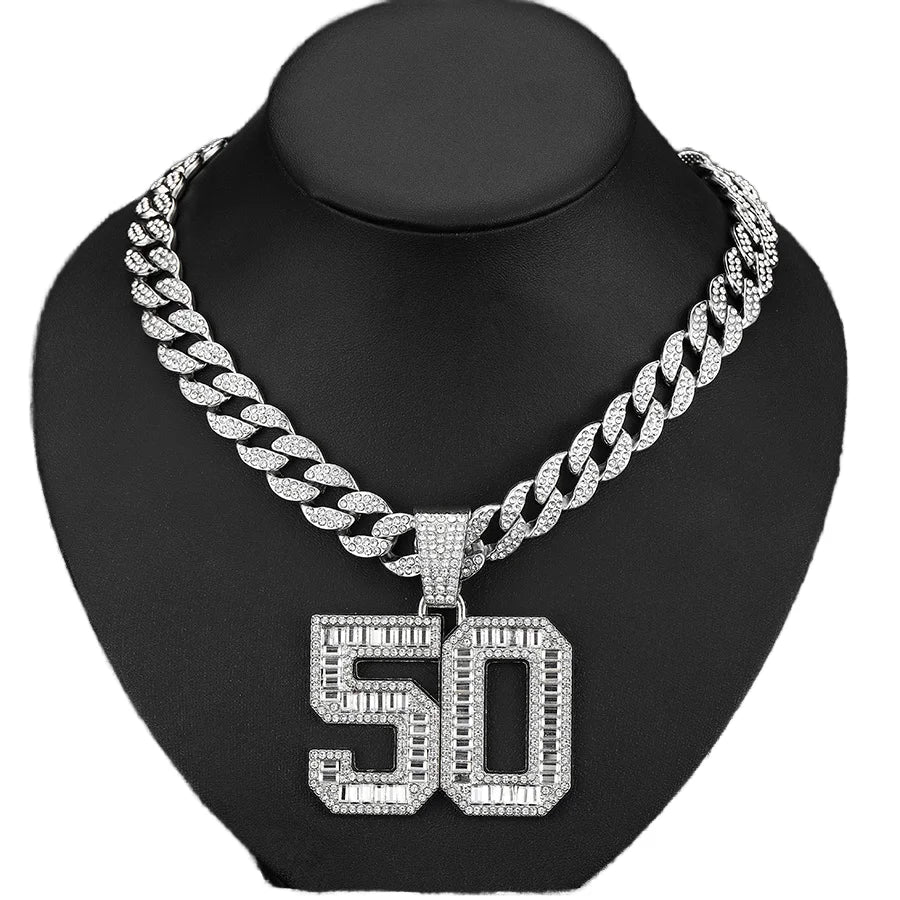 White Silver Bling Hip Hop Custom Initial Number 50 Iced Alloy Zinc Pendant Mens' Religious Christian Gold Plated Alloy