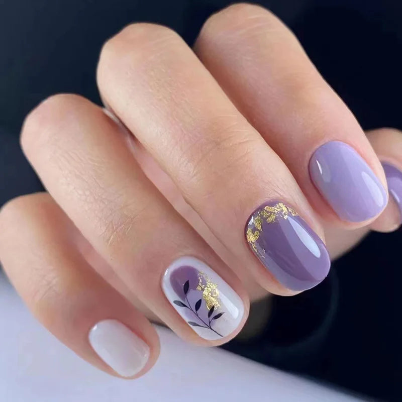 Popular Short Gold Glittersquare Purple Fake Artificial Fingernails Fake Press on Nails